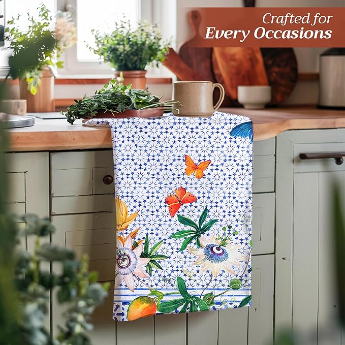 Maison d' Hermine Kitchen Towels Set of 3 100% Cotton 27.50" x 20" Reusable Cloth Tea Dish Towels Absorbent with Hanging Loop for Kitchen Gifts for Mothers Day Spring/Summer (Passiflora)