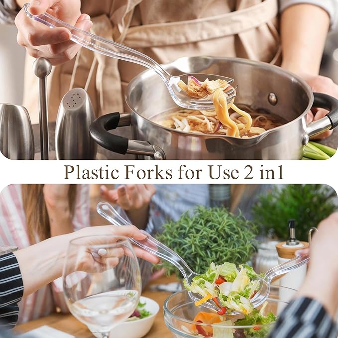 Mwellewm 24Pcs Plastic Serving Utensils Disposable Serving Spoons for Buffet Clear Forks Serving Tongs 8.5''Heavy Duty Large Party Utensils Supplies for Restaurant Food Dinner Salad Noodles Soup