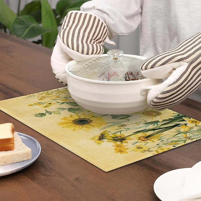 Placemats12x18 Inch,Yellow Floral Placemats,Sunflower Daisy Kitchen Dining Coffee Table Mats Set of 6 for Home Indoor Outdoor Party