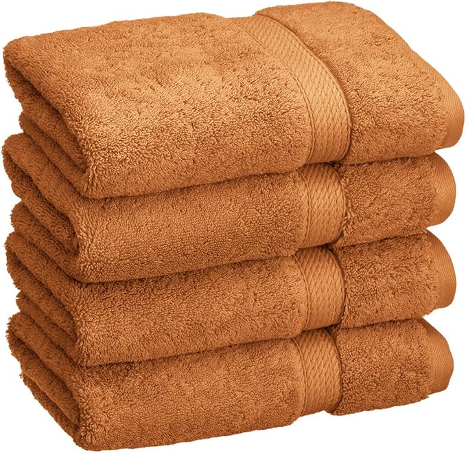 SUPERIOR Egyptian Cotton Pile Hand Towel Set of 4, Ultra Soft Luxury Towels, Thick Plush Essentials, Absorbent Heavyweight, Guest Bath, Hotel, Spa, Home Bathroom, Shower Basics, Rust