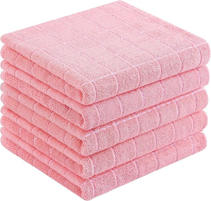 Homaxy 100% Cotton Terry Kitchen Towels(Pink, 13 x 28 inches), Checkered Designed, Soft and Super Absorbent Dish Towels, 5 Pack