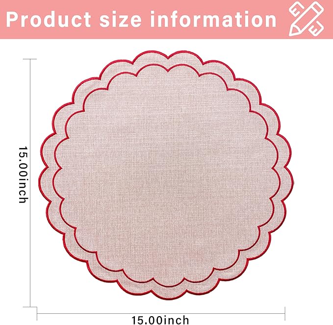 Linen Cotton Placemats Set of 4 Scalloped Flower Embroidery Place Mats 15'' Natural Linen Texture Fabric Machine Washable Table Mats for Restaurant Kitchen,Table Decor(Powder Pink)