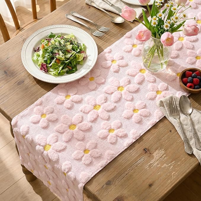 Artoid Mode Pink Soft Plush Faux Fur Jacquard Embroidery Daisy Spring Table Runner, Kitchen Dining Table Decoration for Home Party Decor 13x36 Inch