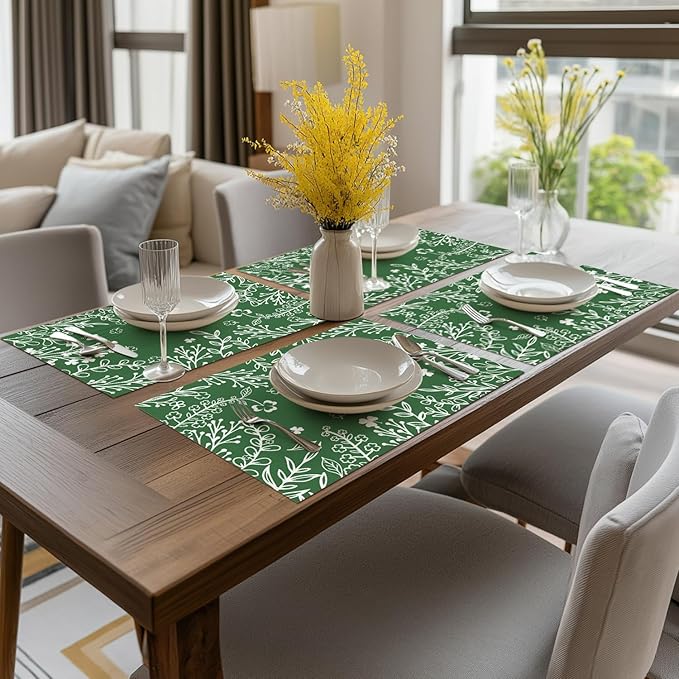 Artoid Mode Dark Green Weed Wild Flower Vinyl Plastic Placemats Set of 4, 12x18 Inch Woven Washable Non-Slip PVC Place Mats for Party Kitchen Dining Decor