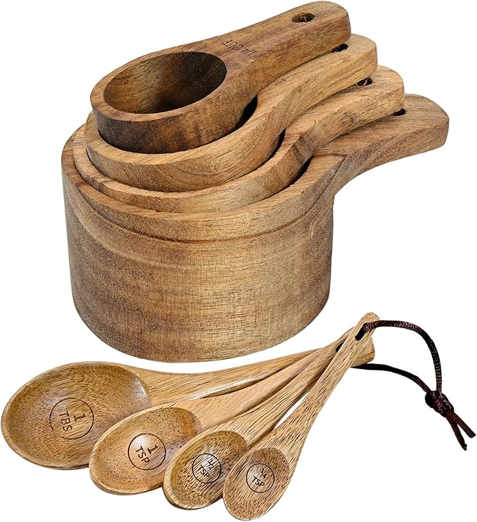 Wooden Measuring Cups and Spoons Set - Eco-Friendly Solid Acacia Wood, Laser Engraved Measurements for Precision, Perfect for Baking & Cooking, Ideal Gift for Bakers, Chefs & Home Cooks (Brown)