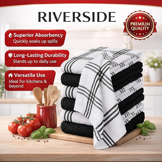 RIVERSIDE Pack of 12 Premium Kitchen Towels 16 x 26 Inches, 100% Cotton Kitchen Hand Towels, Super Soft and Highly Absorbent Dish Towels for Kitchen (Black)