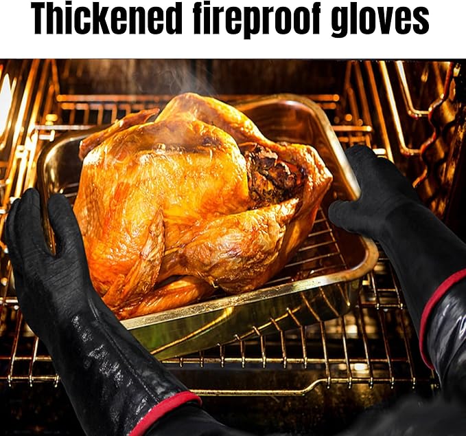 14 Inch BBQ Grill Flame Retardant Heat Insulation Gloves, Neoprene & Cotton Lining, 932°F Heat Resistant Oven Mitts, Non-Burning Anti-Slip Grilling Gloves for Kitchen/BBQ/Camping/High-Temp Work