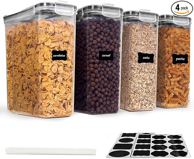 Cereal Containers Storage Set, 4 PCS Airtight Food Storage Container with Lids, BPA-Free Plastic Storage Containers for Cereal Rice Flour Sugar Dry Food (135.2 oz/4 Pcs)