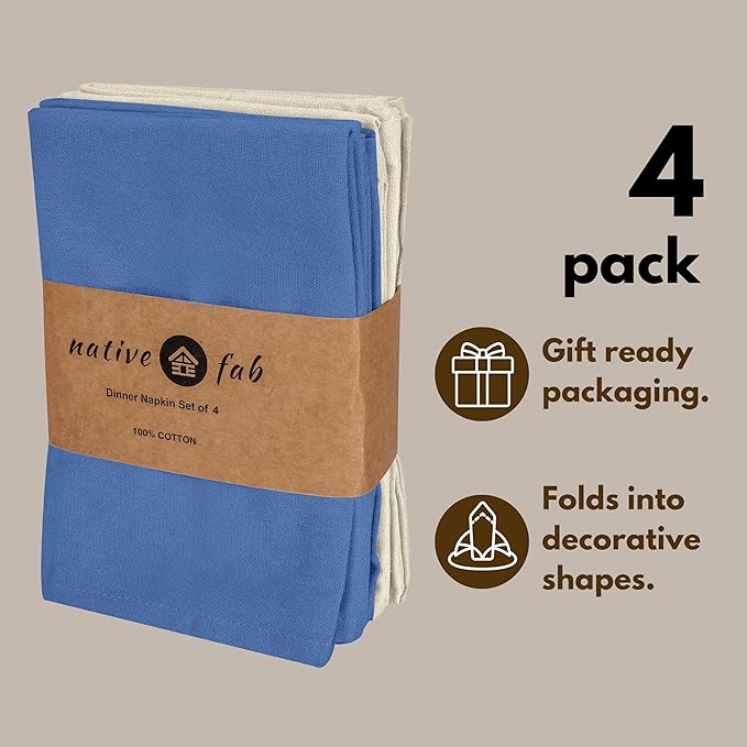 Native Fab Cotton Table Napkins, 4 Pack, 100% Cotton, 17x17 Inches, Premium Quality, Durable, Washable Fabric, Ideal for Weddings, Holiday Dinners, Coastal Decor, Easter, Sky Blue & Ivory