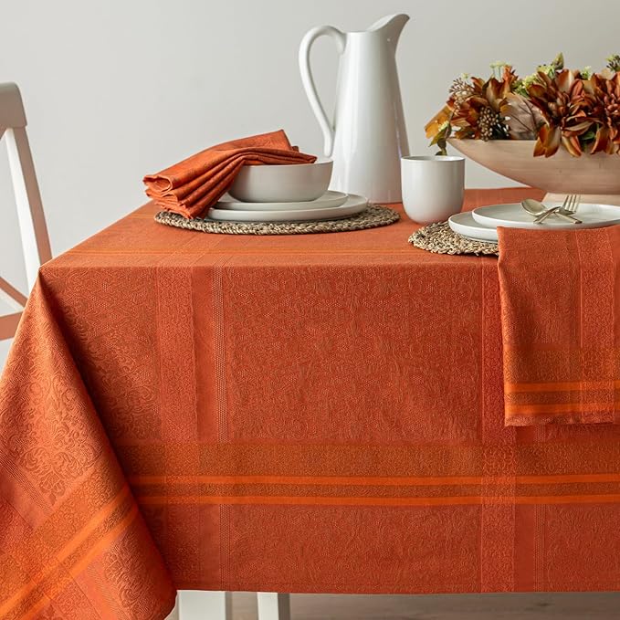 Benson Mills Ravenna Yarn Dyed Jacquard Heavyweight Fabric Table Cloth, Everyday, Parties, Weddings, Holiday, Fall and Thanksgiving Tablecloth (60" x 144" Rectangular, Bison/Rust)