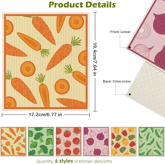 6 Packs Swedish Paper Cloths for Kitchen, Reusable Paper Towels Washable Dish Rags, Highly Absorbent Kitchen Towels Quick Drying Swedish Sponge Cleaning Dish Cloths (Vegetables)
