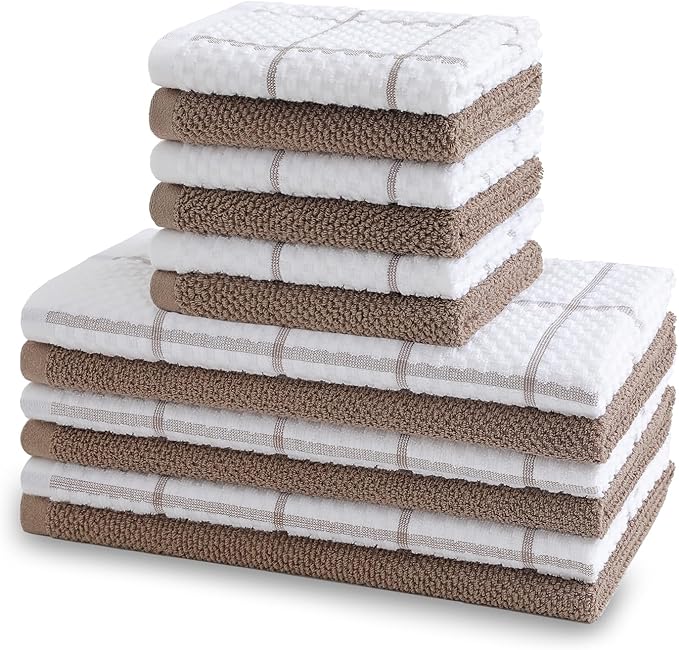 12 Pack Kitchen Towels and Dishcloths Set, 100% Cotton Soft and Absorbent Kitchen Towels 16 x 25 inche & 13 x 13inche Dishcloths