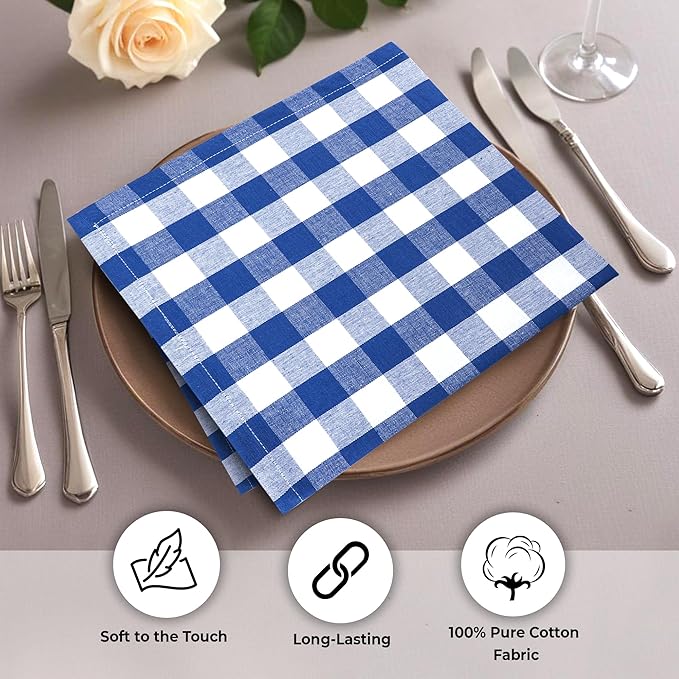 Urban Villa Cotton Dinner Napkins Set of 6, Highly Absorbent 20x20 Inches Premium Cloth Napkins Hotel Quality Reusable & Washable Table Dinner Napkins for Home & Weddings - Blue/White, Checks
