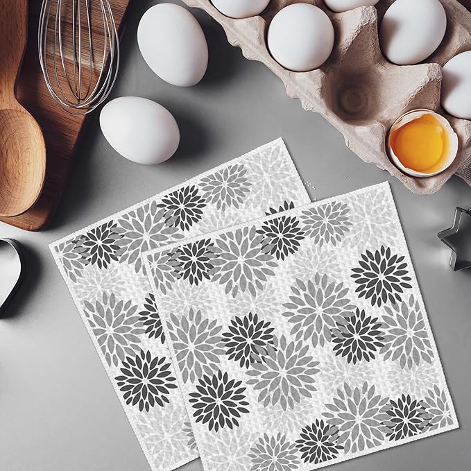 Artoid Mode Grey Dahlia Floral Kitchen Dish Cloths, 12x12 Inch Quick Dry Microfiber Dishcloths for Kitchen Premium Dish Rags Set of 2