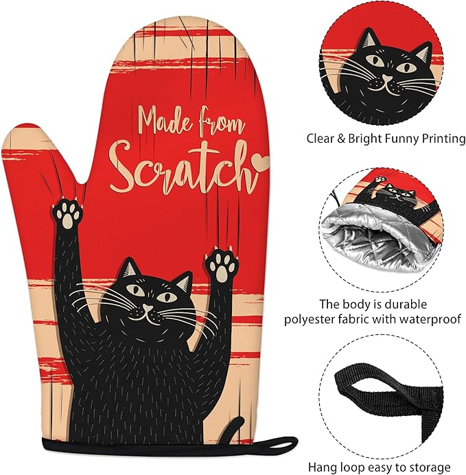 Funny Cat Oven Mitts and Pot Holders Sets Red Black Kitchen Decor Cute Cat Kitchen Accessories Funny Cat Gifts House Warming Birthday Cooking Gifts for Women (Red, Oven Mitts & Pot Holders)