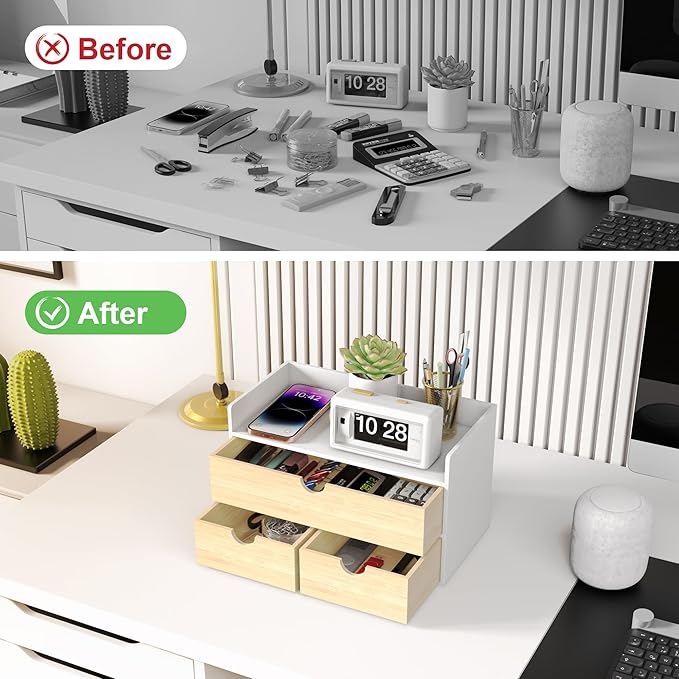 Desk Organizer with Drawers - Bamboo Desktop Organizer Storage | White-Natural Wood Desk Drawers Organizer for Bills, Office Supplies, Cosmetics, Seals No Assembly Required