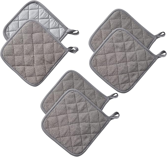 Kitchen Pot Holders Set Heat Resistant Pure Cotton Potholders Kit Trivets Large Coasters Hot Pads Terry Pot Holders for Everyday Cooking and Baking by 7 x 7 Inch Set of 6 Grey