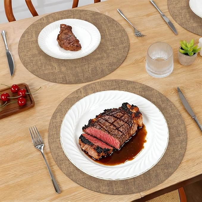 Maxpearl Round Placemats Set of 6, 13.8 inch Faux Leather Heat Resistant Table Mats, Non Slip Waterproof Wipeable Place Mats for Kitchen Dining Holiday Party Table Settings, Brown