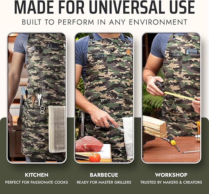 Asaya Chef and BBQ Apron with Bottle Opener and Hand Towel - 10oz Cotton Canvas, Stainless Steel Hardware - Cross Back Straps