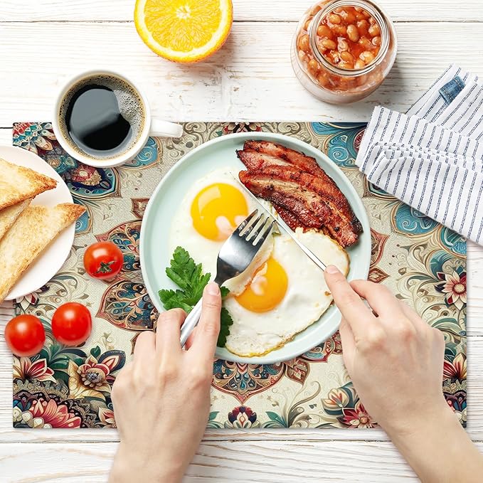 Cotton Linen Waterproof Placemats Set of 4, Boho Ethnic Style Dining Mat Table Mats Decor Fabric for Kitchen Dinner Coffee Shop Table, Indoor/Outdoor Washable Wipeable Placemat -N019