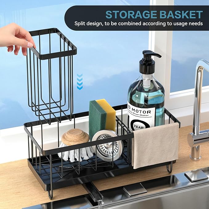 Kitchen Sink Sponge Holder & Soap Caddy - Countertop Dish Rack Space, Self-Draining Tray, Keeps Sponges & Soap Organized Black