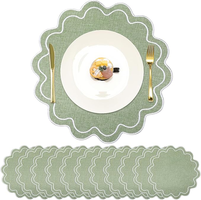 Set of 12 Cotton Linen Placemats, 15x15 Scalloped Flower Embroidery Cloth Table Mat Double Layered Fabric Washable Wrinkle Free Dining Placemat for Restaurant Kitchen Decor (Green with Silver)