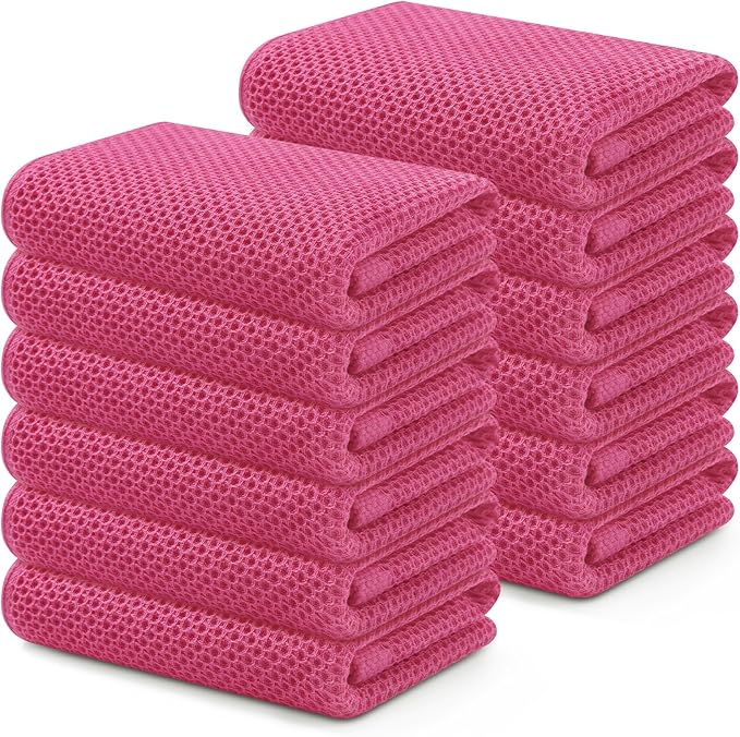 Kitinjoy 100% Cotton Waffle Weave Kitchen Hand Towels (13 X 28 Inches,Hot Pink), 12-Pack Super Soft and Absorbent Dish Towel for Drying Dishes