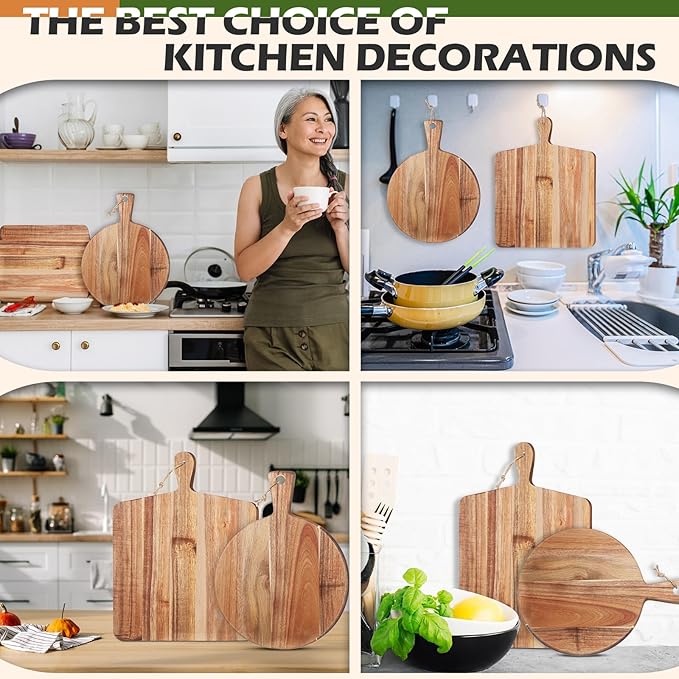 Hsei 2 Pcs Acacia Wood Cutting Board with Handle Wooden Charcuterie Board Large Paddle Carving Chopping Set Butter Serving Tray for Cheese Meat Fruit Pizza Bread(Vintage Style, 16x12, 17x13 Inch)