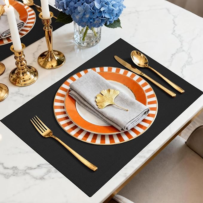 Placemats Set of 6 Linen Type Fabric Cloth Placemats, 18x12 Inch Double Layered Thick Wrinkle Free Heat Resistant Table Place, for Dining, Kitchen, Party (45 * 30cm, Black)