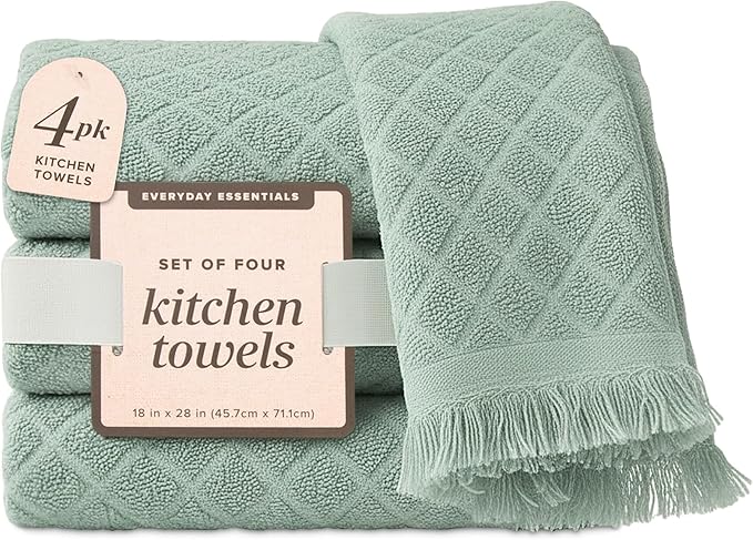 MosJos Kitchen Towels, Set of 4 Hand Towels, Blue Diamond Pattern Drying Towels 18 x 28 Super Absorbent Cotton Hand Cloths with Fringed Edges, Everyday Essentials Kitchen Linens