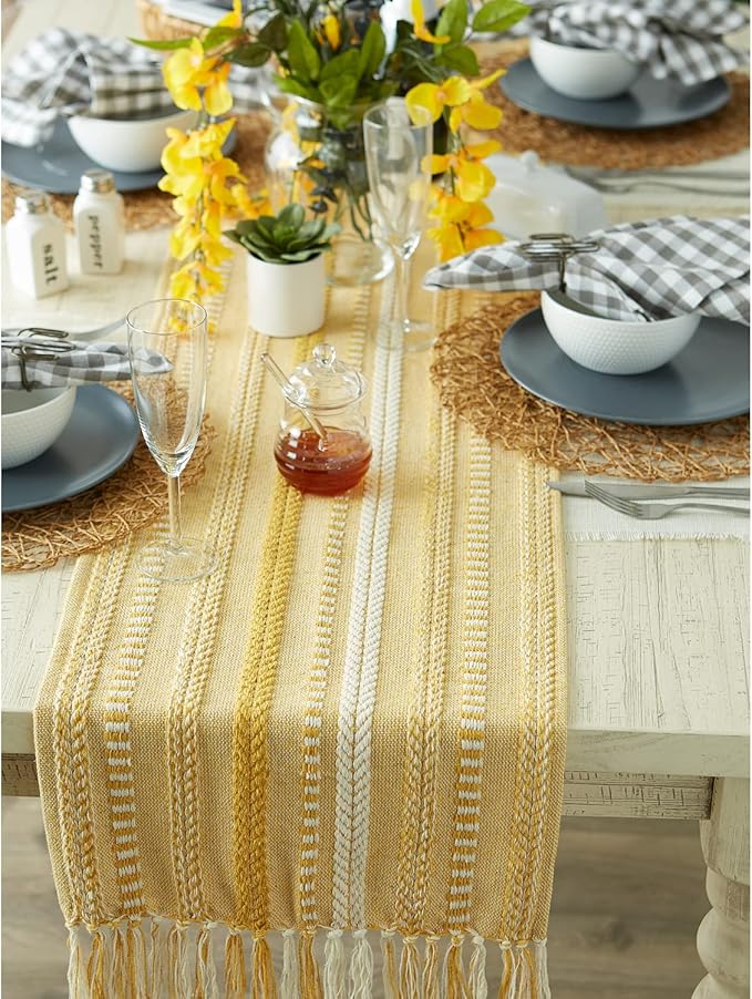 DII Farmhouse Braided Stripe Table Runner Collection, 15x108 (15x113, Fringe Included), Honey Gold