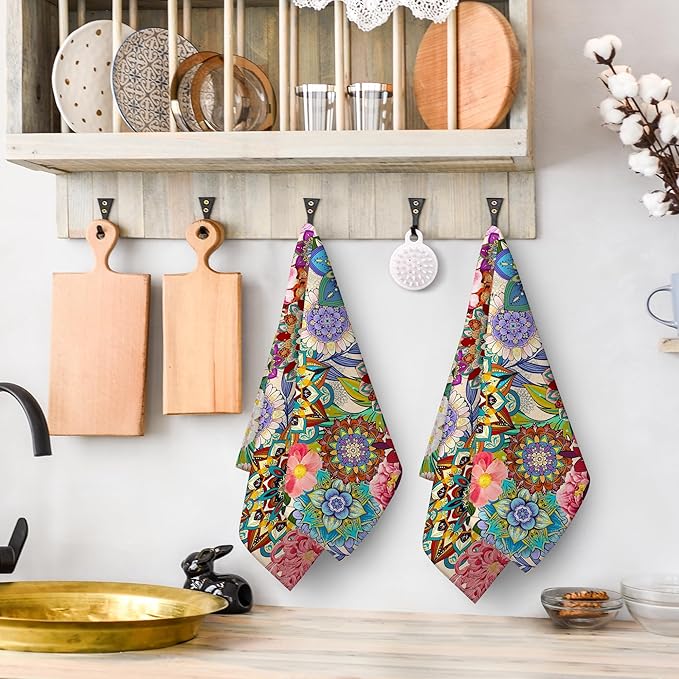 Boho Floral Kitchen Towels Decorative Set of 2, Colorful Flowers Dish Towels for Kitchen, Absorbent Soft Hand Towel Tea Bar Towel for Kitchen Decor Cooking Baking Housewarming Gifts for Women