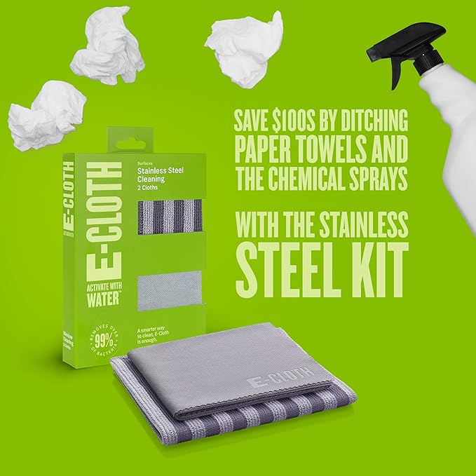 E-Cloth Stainless Steel Microfiber Cleaning Cloth Kit - Stainless Steel Cleaner for Appliances, Oven, Stove, & More - Microfiber Towels for Cars - Reusable Cloths for Cleaning