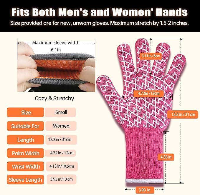 HandLove Aramid Heat Resistant BBQ Gloves – Grilling & Oven Gloves with Fingers, Silicone Grip & Long Cuffs for Cooking, Baking, and Outdoor Barbecue – Pink, Small