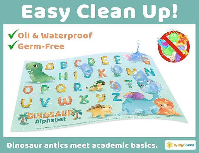 Bright Seed Disposable Placemats for Baby, Toddlers and Kids, 40 Disposable Baby Placemats for Restaurant, Dining Table & Travel, Learning Placemats for Kids, Toddler Travel, Dinosaurs ABC & Numbers