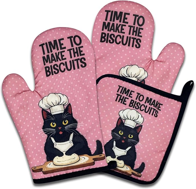 Funny Black Cat Oven Mitts and Pot Holders Set of 3, Time to Make The Biscuits, Heat Resistant Non-Slip Kitchen Mitts Hot Pads, Baking Gifts for Women, Kitchen Gifts for Hostess Bake Lovers