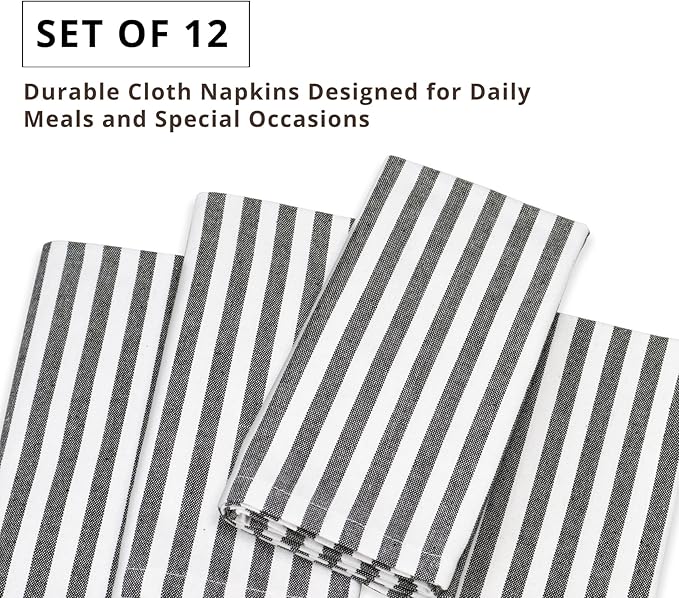 PurpleEssences Plain Striped Cloth Napkins - Set of 12-100% Cotton - 18 x 18 Inch - Spring Easter Summer and Perfect Everyday Use Dinner Napkin - Black and White
