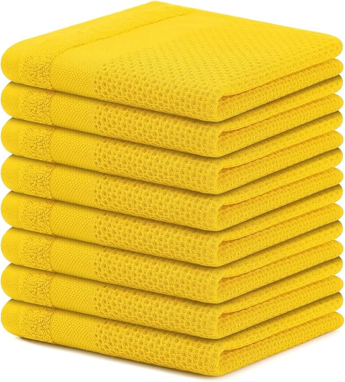 Homaxy 100% Cotton Dish Cloths, 8 Pack - 12 x 12 Inches, Waffle Weave Super Soft and Absorbent Dish Towels Quick Drying Dishcloths, Yellow