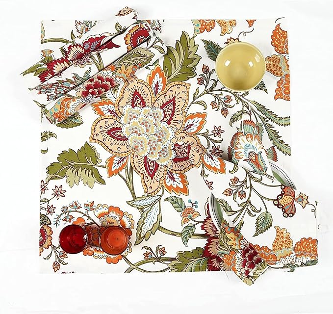 TARAN LIVING Cotton Cloth Napkins Natural Reusable Fall Dinner Napkins Reusable Machine Washable Fabric for Events, Gift, Home Decor - Kaveri, 20x20 Inches (Pack of 12)