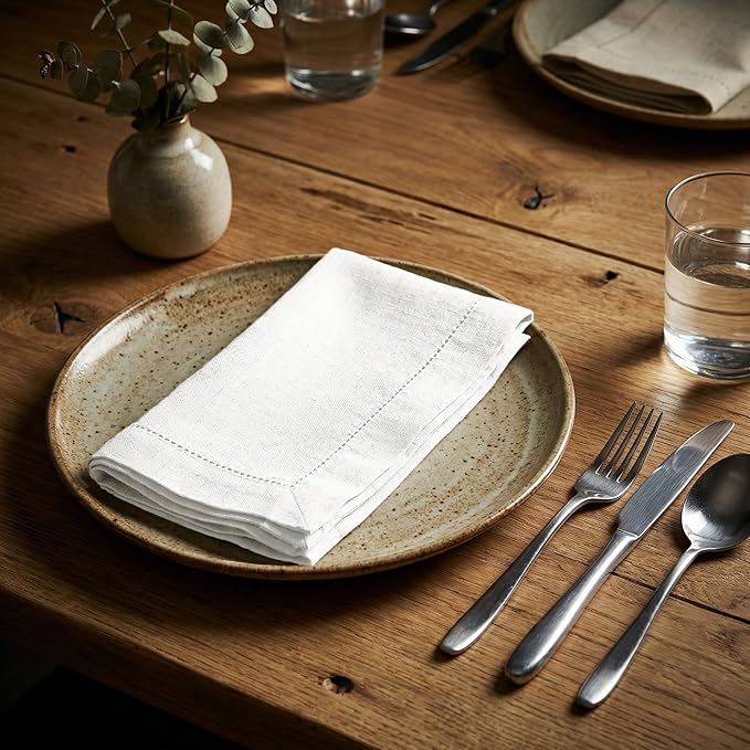 Flax Hemstitchend Cloth Dinner Napkin Set of 12 White 20x20 Inches, Premium Cotton Linen Absorbent Dinning Table Napkins Ideal for Wedding, Spring, Easter | Washable Durable Napkins for Everyday Use