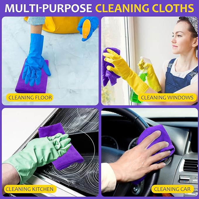 Nuenen Microfiber Cleaning Cloths for Cars 16 x 16 Inch Ultra Absorbent Car Towels Drying Reusable Cleaning Supplies House Kitchen Window Microfiber Towel(Purple,60 Pcs)