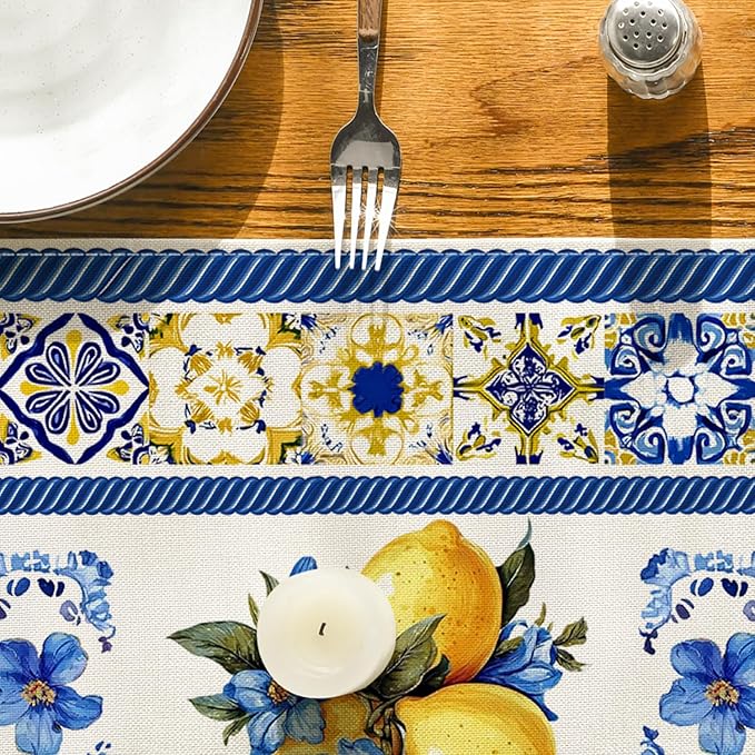 Artoid Mode Lemon Flowers Blue and White Porcelain 210 GSM Summer Table Runner, Seasonal Spring Kitchen Dining Table Decoration for Home Party Decor 13x60 Inch