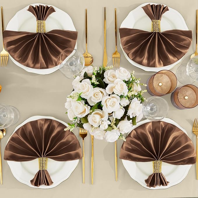 RUDONG M 100 Pcs Chocolate Brown Satin Napkins and Napkin Rings Set, 17 x 17 Inch Square Cloth Napkins Set of 50, Silky Soft Table Napkins Bulk for Weddings, Banquet, Parties Dinner Decoration