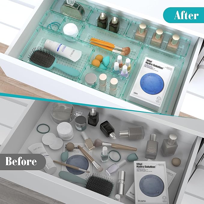 StorMiracle 7 PCS Clear Plastic Drawer Organizers Set, 4 Size Desk Drawer Organizer Trays for Makeup, Jewelry, Kitchen Utensils, Gadgets and Office Accessories, Sea Blue