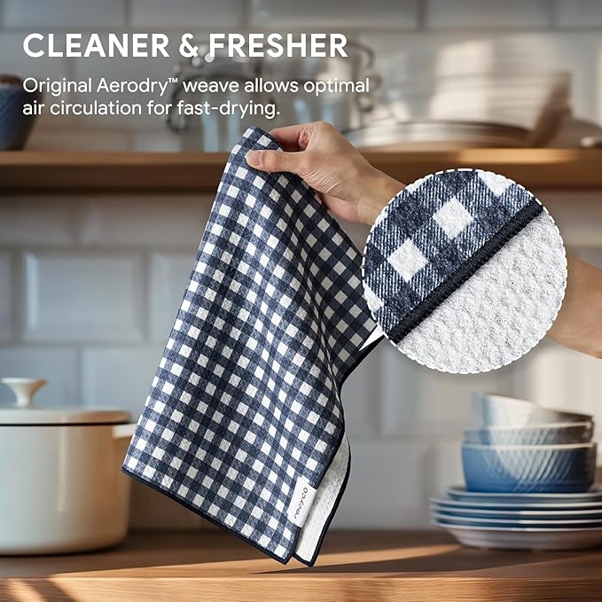 RECYCO Waffle Kitchen Towel Set of 2 - Quick Dry Microfiber Sustainable Dish Towels - Ultra Absorbent Reusable Cleaning Tea Towels - Lightweight Hand Towels,16”x 28”, Navy Blue Plaid
