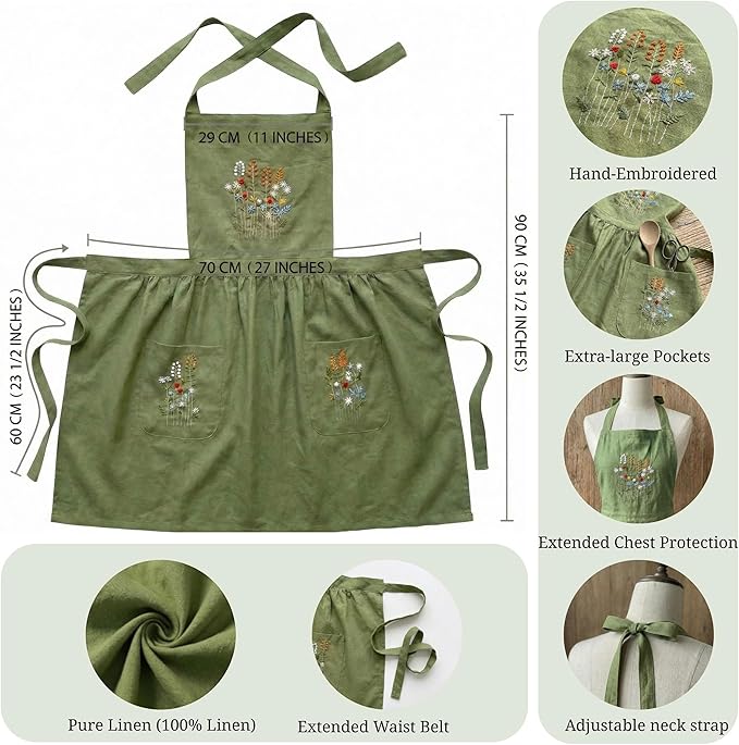 +Linen Embroidered +Apron For +Women With +Pockets, Cute Kitchen Apron, +Cooking +Baking Gifts For Her