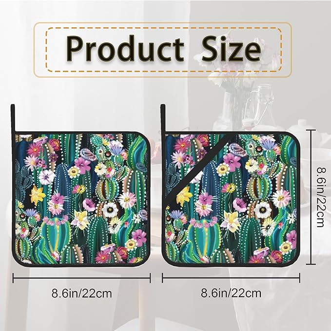 Blooming Cactus Succulents Flowers Pot Holder Set of 2,Heat Resistant Potholders Oven Hot Pads for Kitchen Cooking Baking BBQ