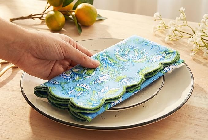 PurpleEssences Scalloped Embroidery Kalamkari Cloth Napkins - Spring Easter Summer - Table Decor - 100% Cotton - Set of 4-18x18 inch - Light Blue Edges - Sage Green