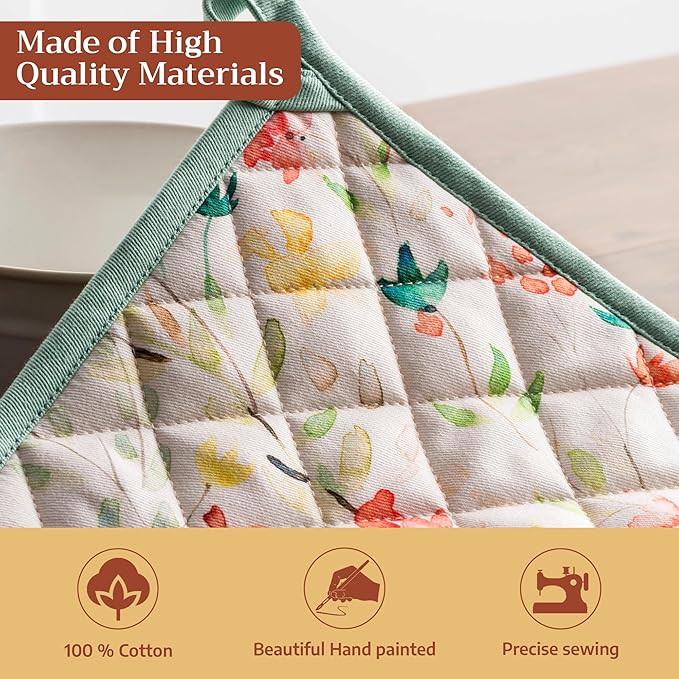Maison d' Hermine 100% Cotton Oven Mitt & Pot Holder Set (7.5"x13" & 8"x8") Heat Resistant BBQ Cooking Gloves with Loop Baking Grilling Kitchen Gifts for Mothers Day Spring/Summer (Colmar)