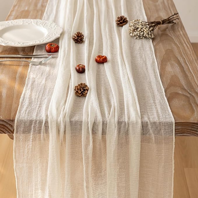 Keketoarrange White Spring Easter Cheesecloth Table Runner Ivory Cream Gauze Rustic Cheese Cloth Table Runner 120 Inch 10 FT for Wedding Baby Bridal Shower Party Sheer Boho Spring Home Decorations